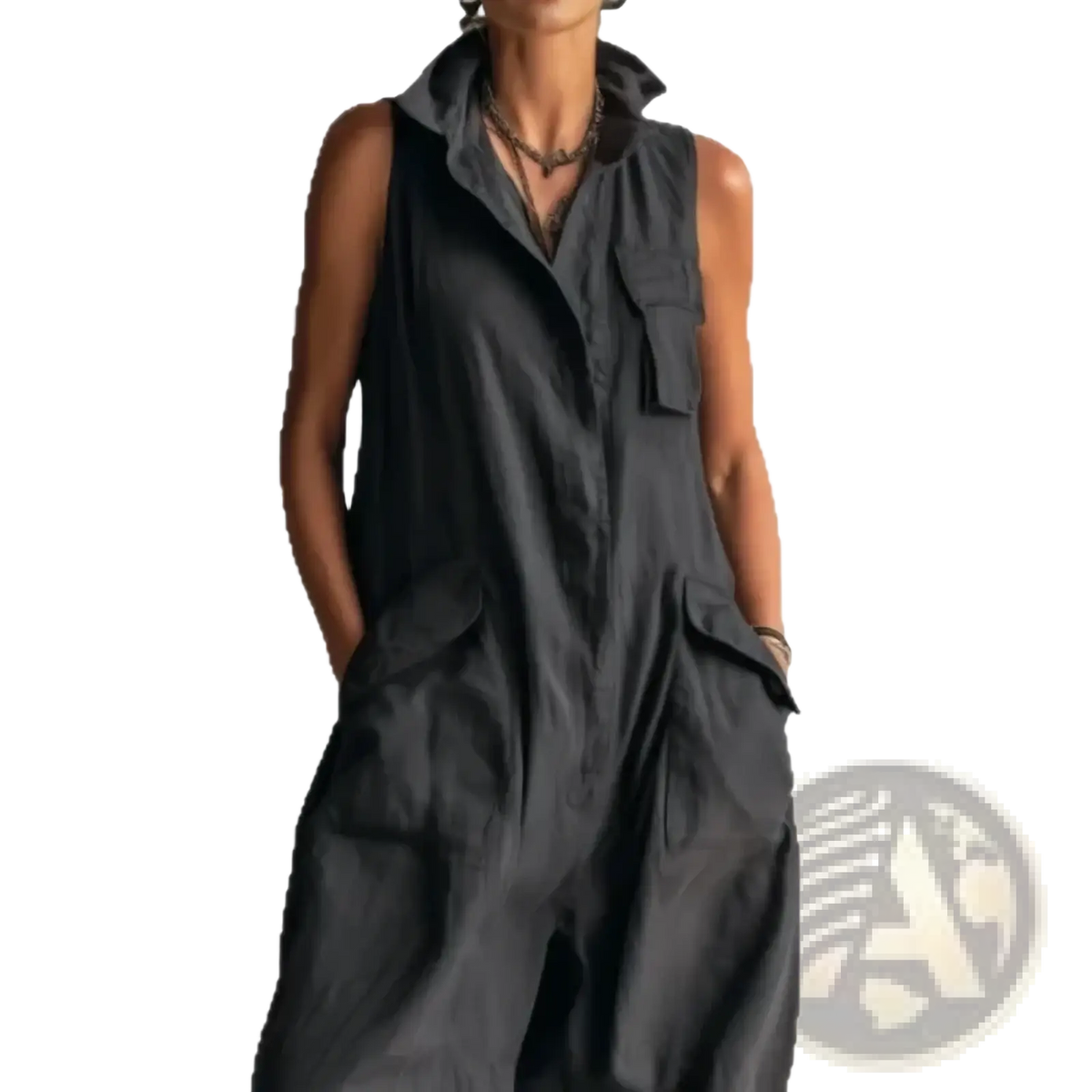 Black sleeveless pocket jumpsuit for women featuring a collar and multiple pockets in durable fabric