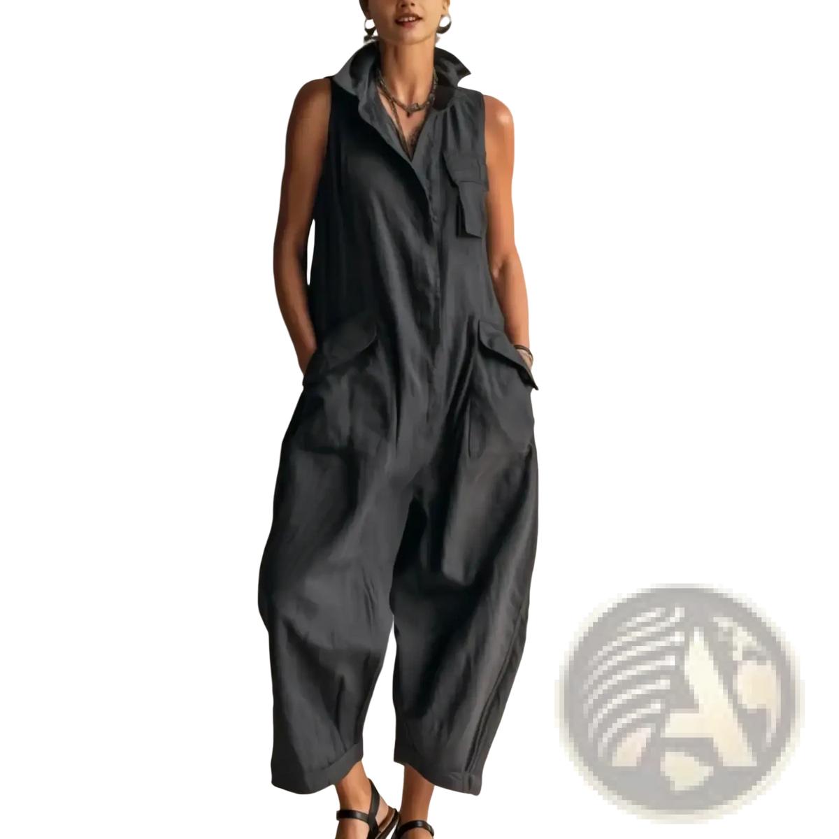Women sleeveless pocket jumpsuit in dark gray featuring a collar and multiple functional pockets