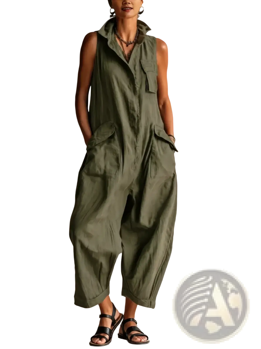 Women sleeveless olive green jumpsuit with collar and multiple pockets designed for casual and versatile wear
