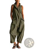 Women sleeveless olive green jumpsuit with collar and multiple pockets designed for casual and versatile wear