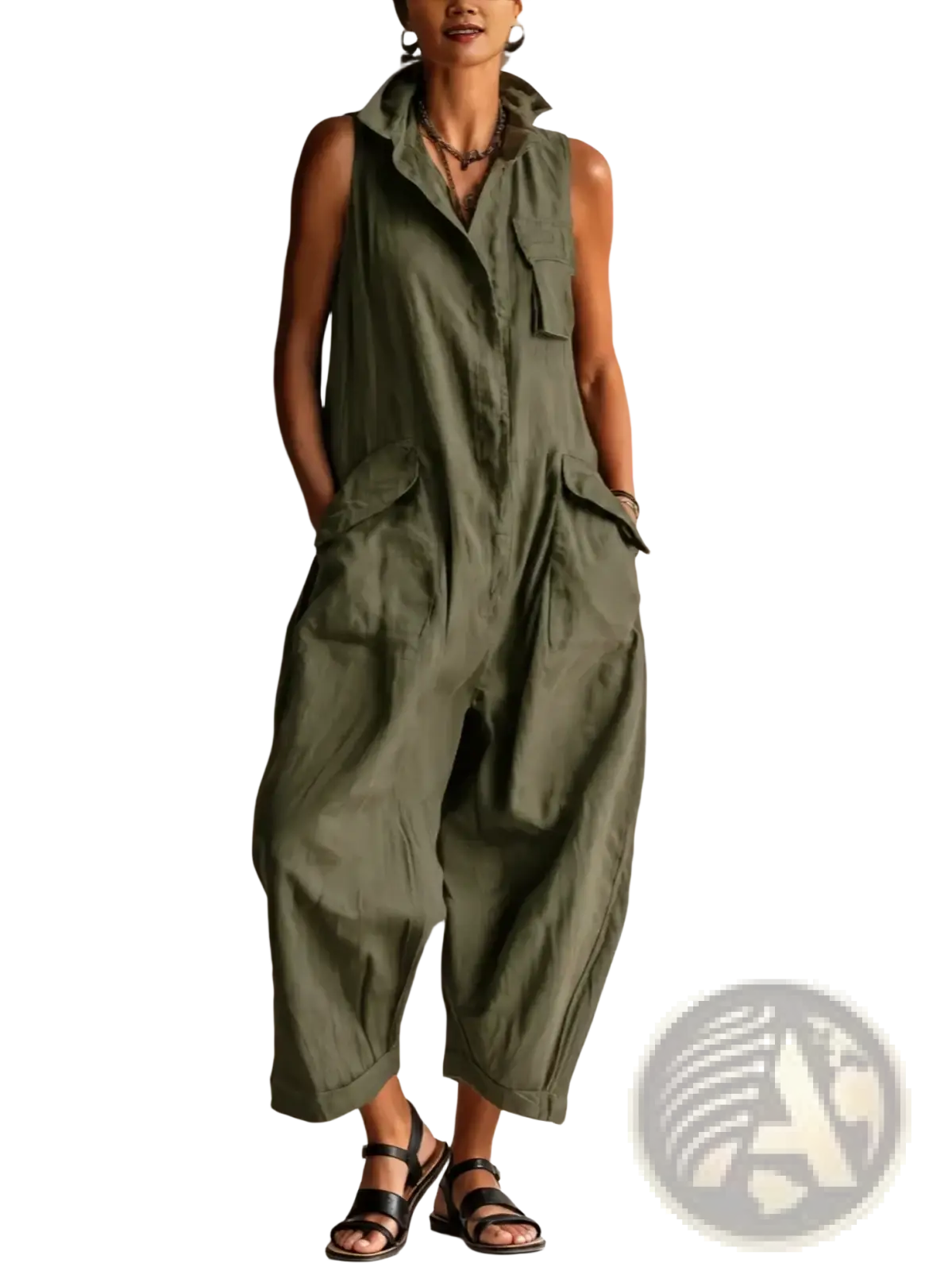 Women sleeveless olive green jumpsuit with collar and multiple pockets designed for casual and versatile wear