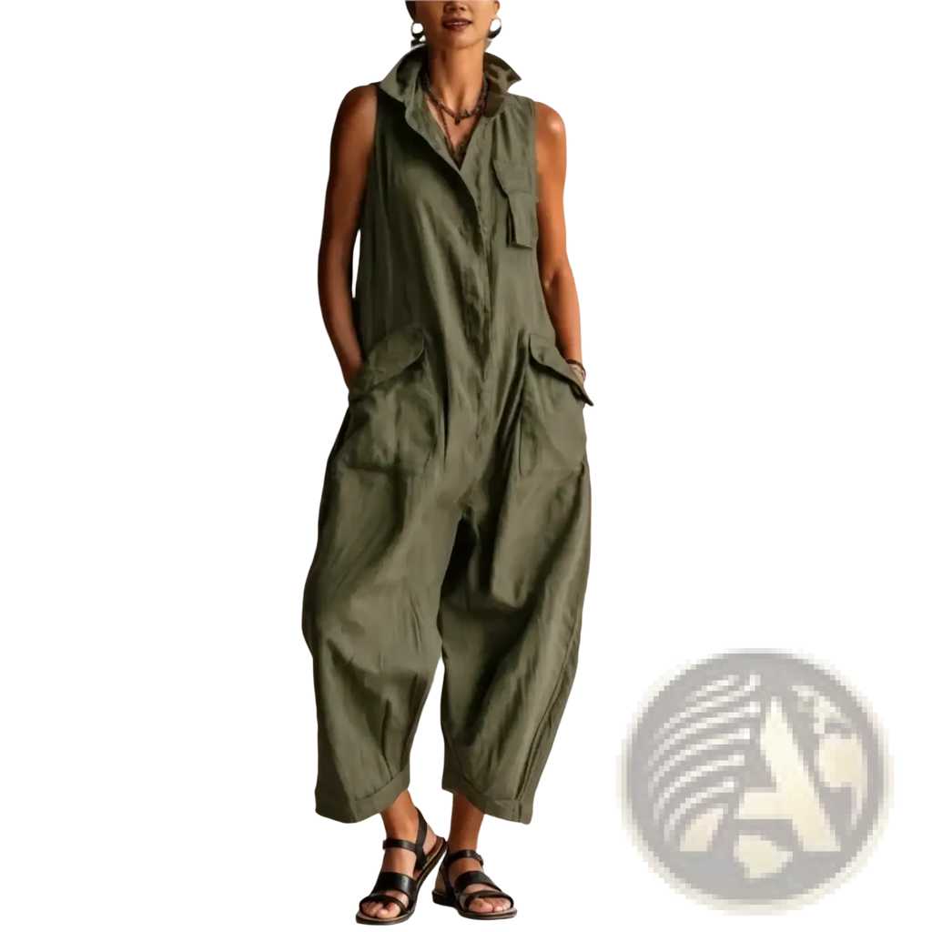 Women sleeveless olive green jumpsuit with collar front button closure and multiple pockets for functional style