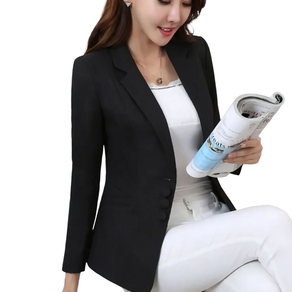 Black slim business blazer with notched lapels and single button closure for formal office wear