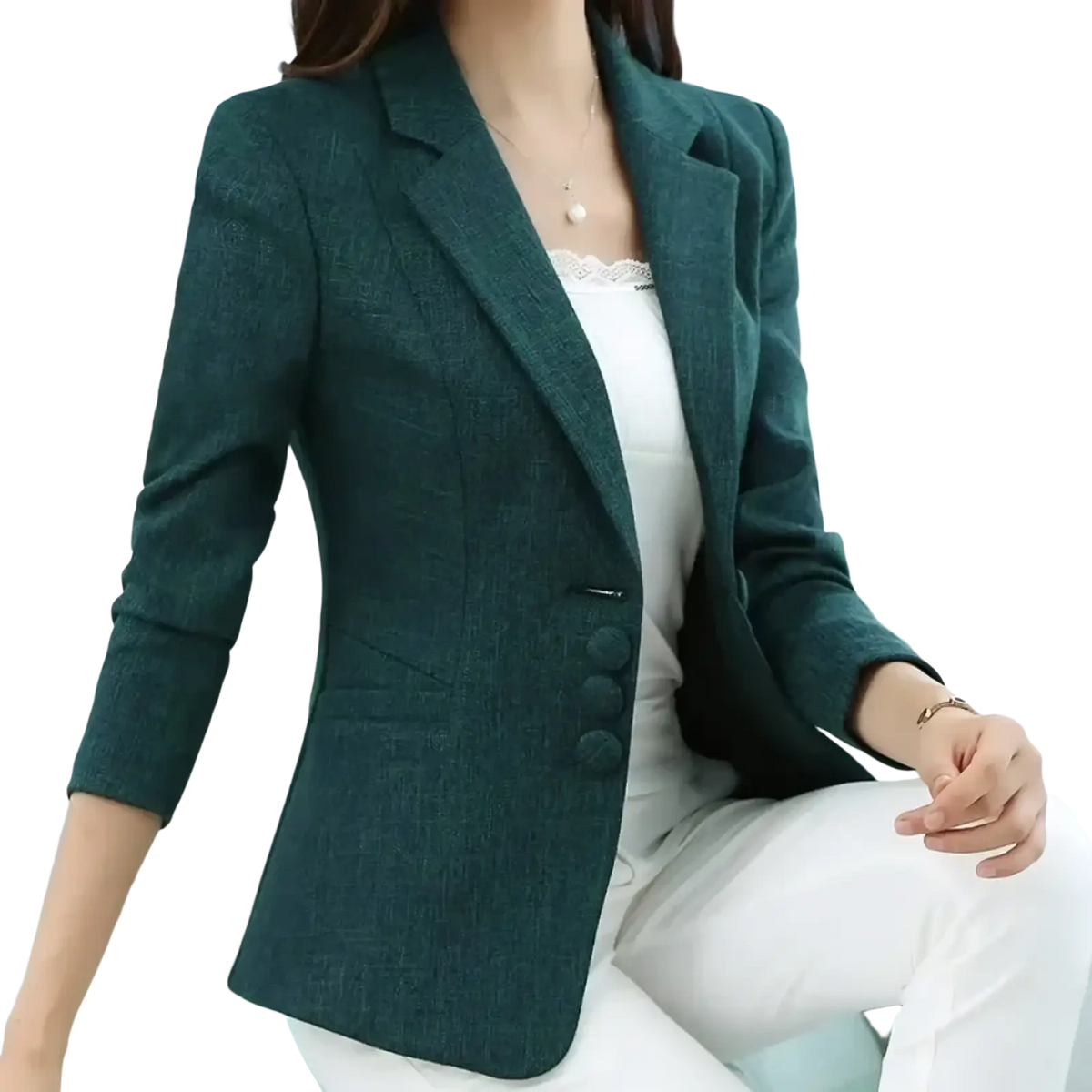 Dark green textured women slim business blazer with three quarter sleeves and single breasted formal office jacket