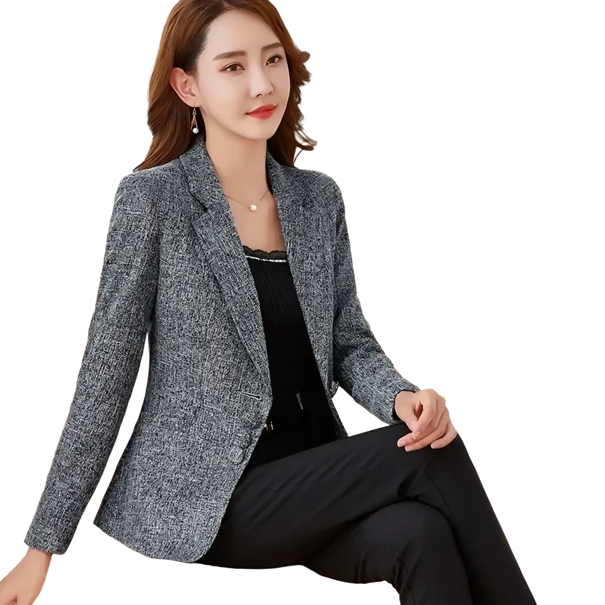 Women slim business blazer formal office jacket in gray textured tweed fabric with structured shoulders