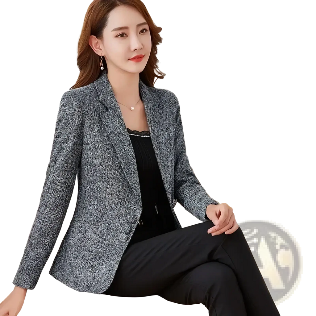 Women slim business blazer formal office jacket in gray textured tweed fabric with structured shoulders