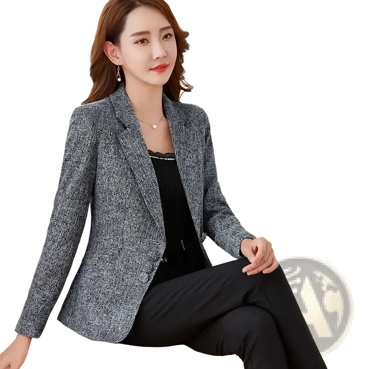 Women slim business blazer formal office jacket in gray textured tweed fabric with structured shoulders