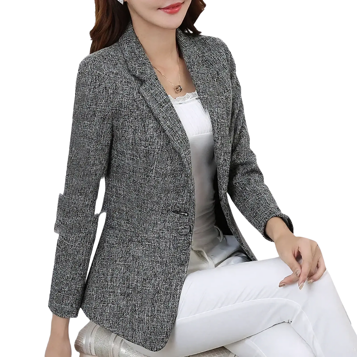 Women slim gray tweed blazer with classic notched lapel and single-breasted design for formal office wear
