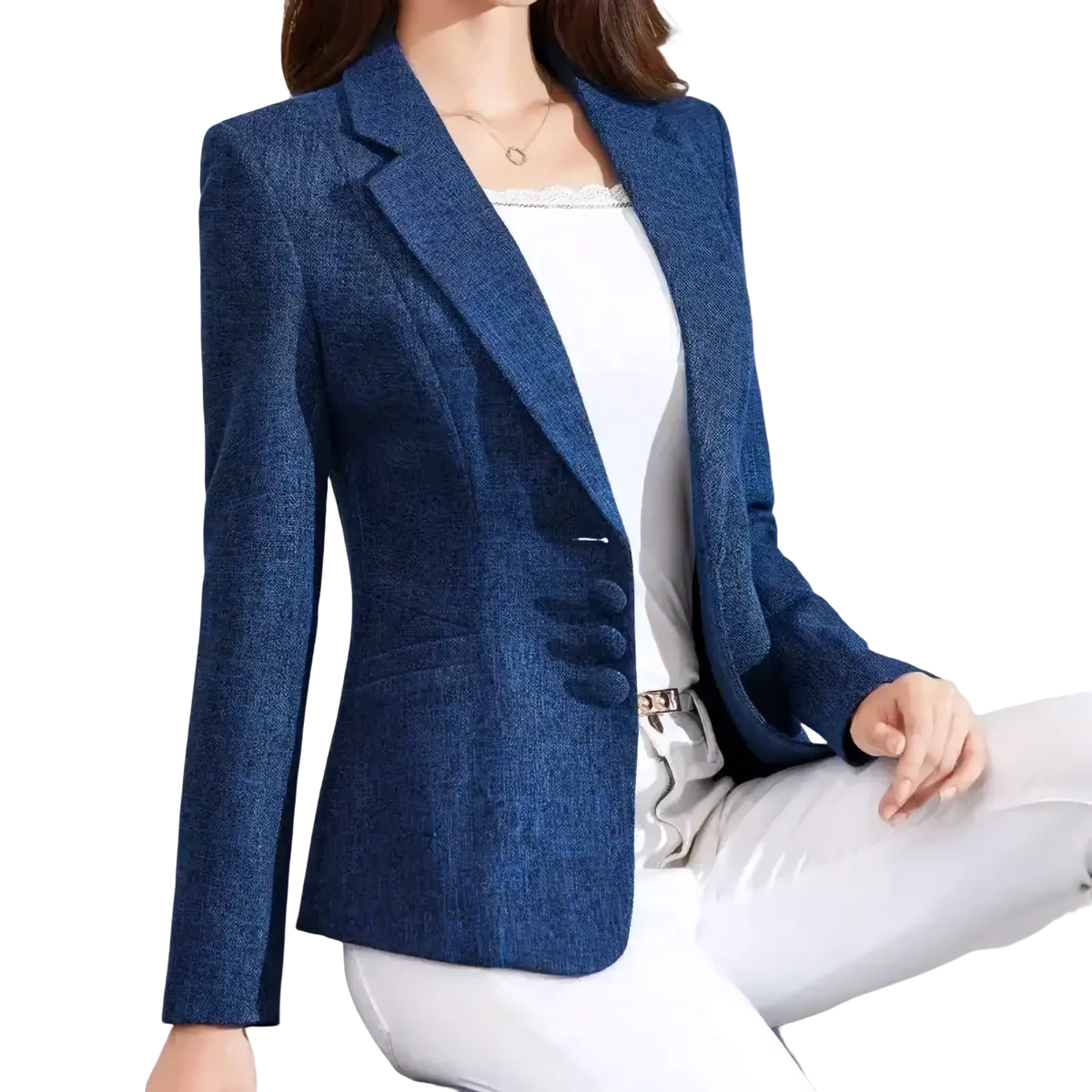 Women slim business blazer formal office jacket in navy blue textured fabric with classic single-breasted three-button closure