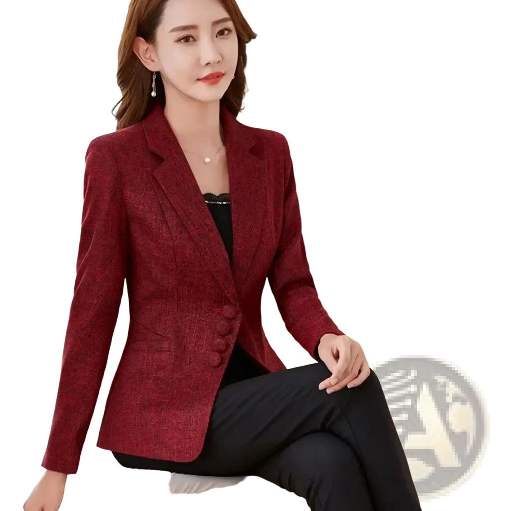 Women slim business blazer formal office jacket in rich burgundy textured fabric with double breasted design and buttons