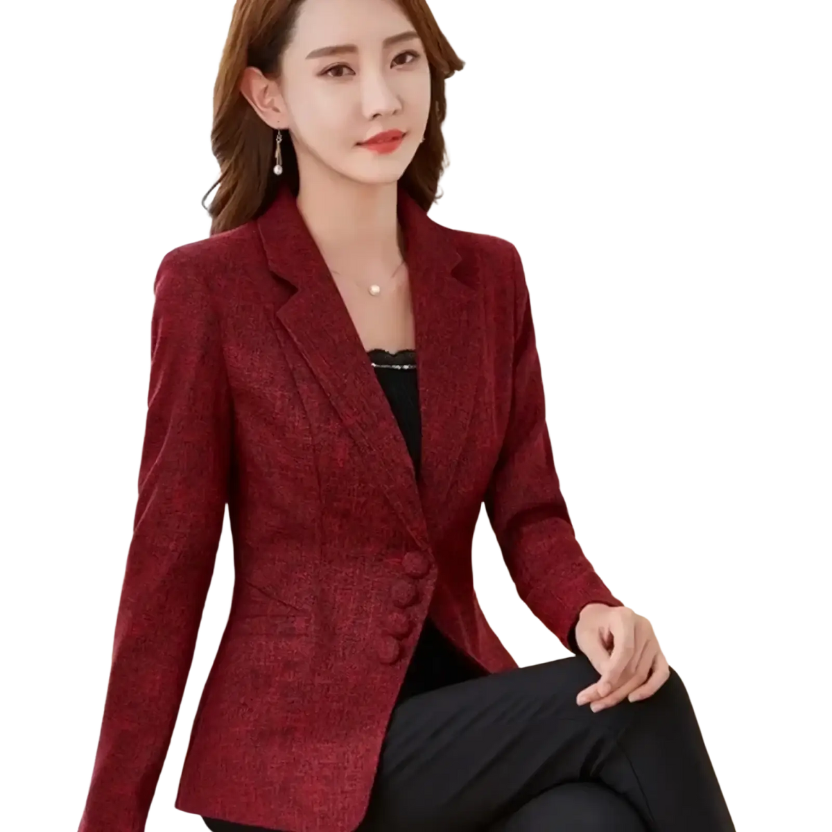 Women slim burgundy textured double-breasted blazer made of rich fabric ideal for formal office business wear