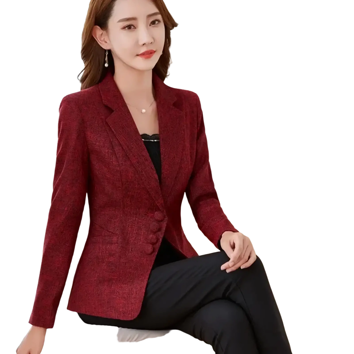 Women slim business blazer formal office jacket in rich burgundy textured fabric with double breasted design and buttons