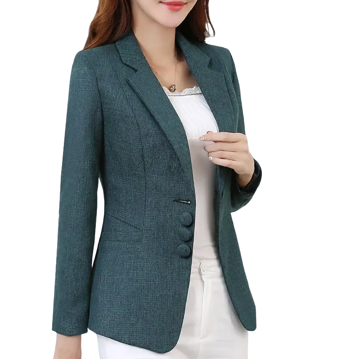 Women slim business blazer in teal textured fabric with three dark buttons and notched lapels for formal office wear