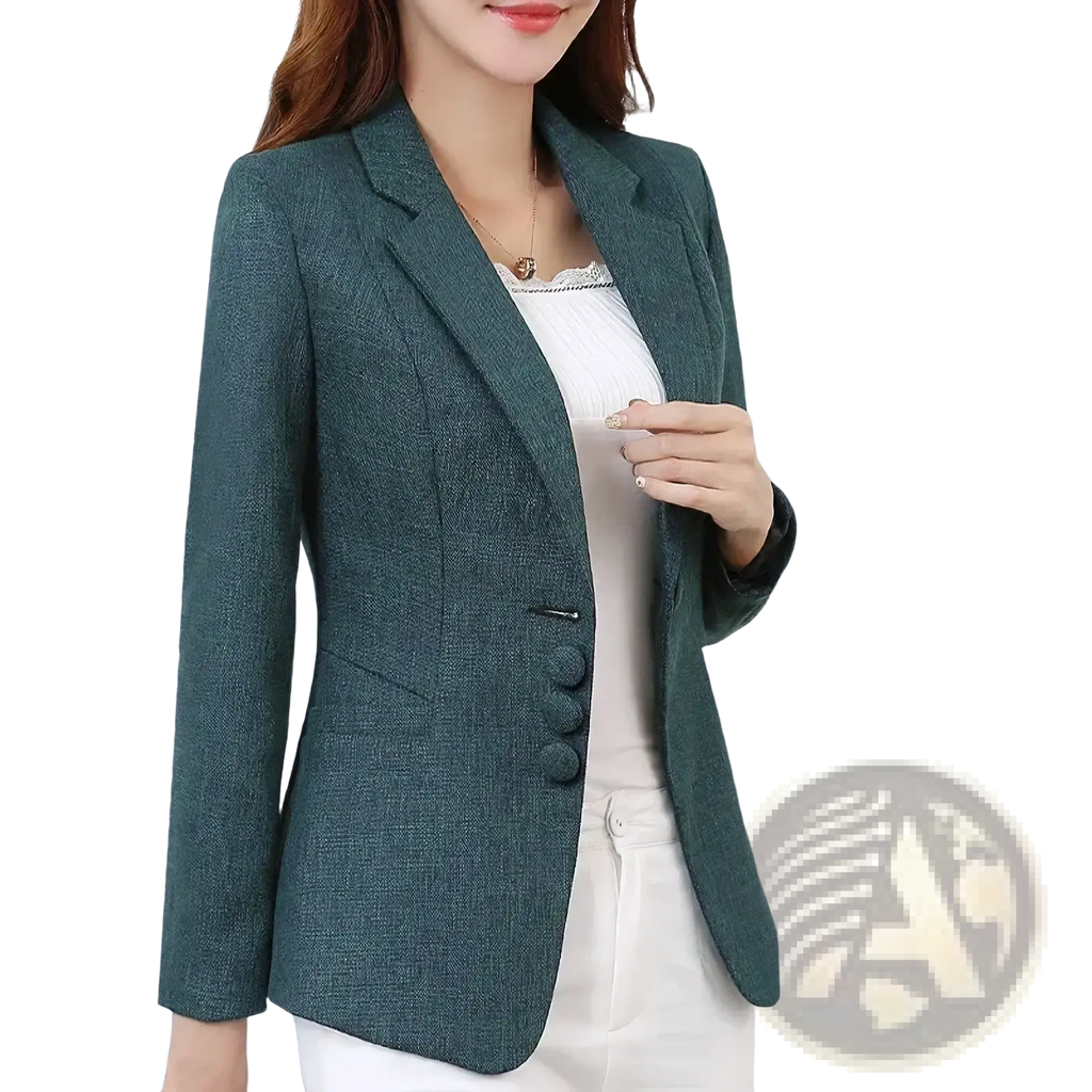 Women slim business blazer in teal textured fabric with three dark buttons and notched lapels for formal office wear