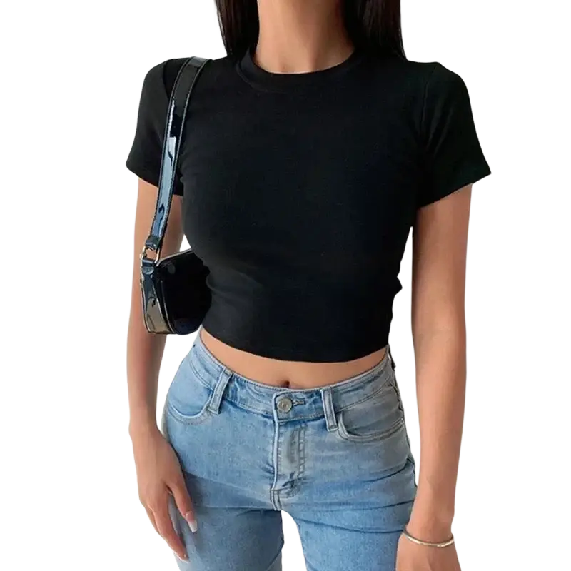 Women slim crop t-shirt in black with short sleeves made from casual comfortable fabric for everyday wear