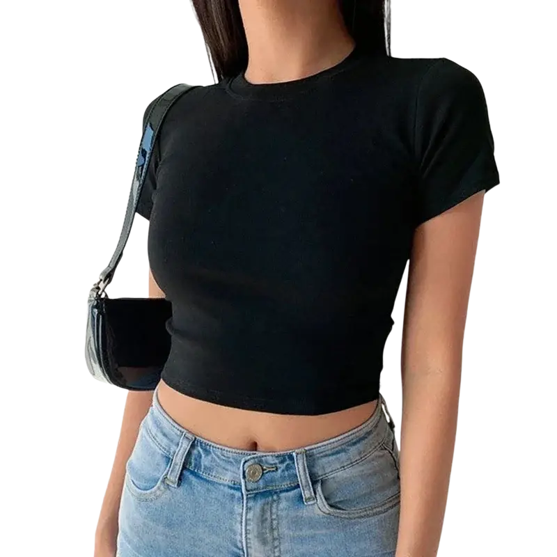Black slim crop t-shirt with short sleeves for women casual basic tee in soft breathable fabric