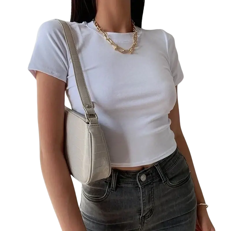 A sleek light gray crocodile-textured crossbody bag with adjustable strap paired with women slim crop t-shirt