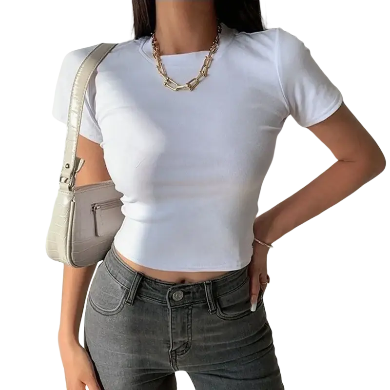 White slim crop t-shirt with short sleeves and fitted silhouette for casual wear in lightweight fabric