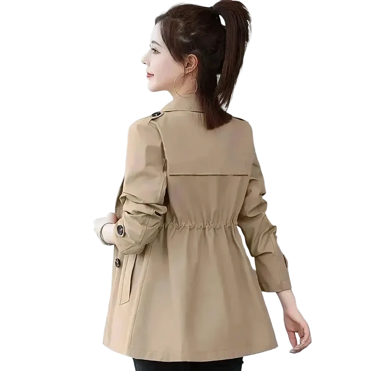 Beige slim double breasted trench coat with a cinched waist and buttoned cuffs for women