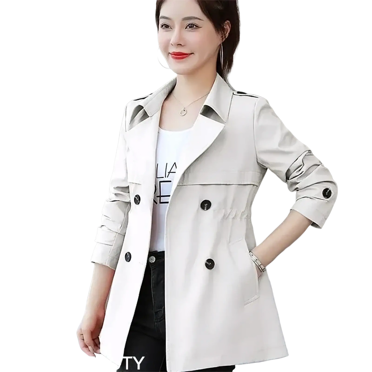 Women slim double breasted trench coat in beige with black buttons and contrasted collar details for formal wear