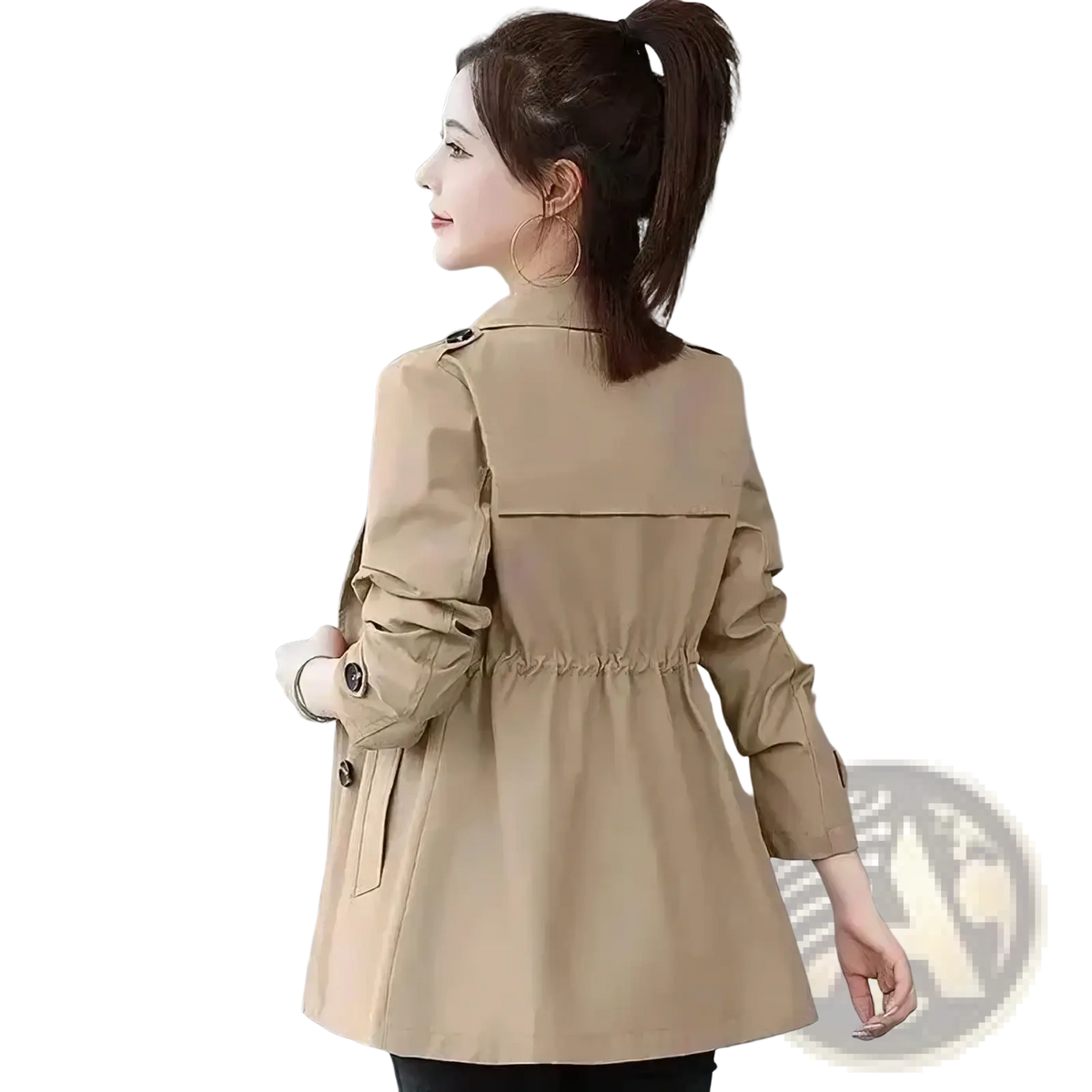 Beige slim double breasted trench coat with a cinched waist and buttoned cuffs for women