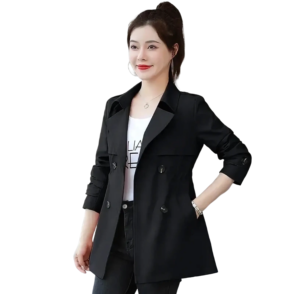 Women slim double breasted trench coat in black with rolled up sleeves and buttoned cuffs shown from the front