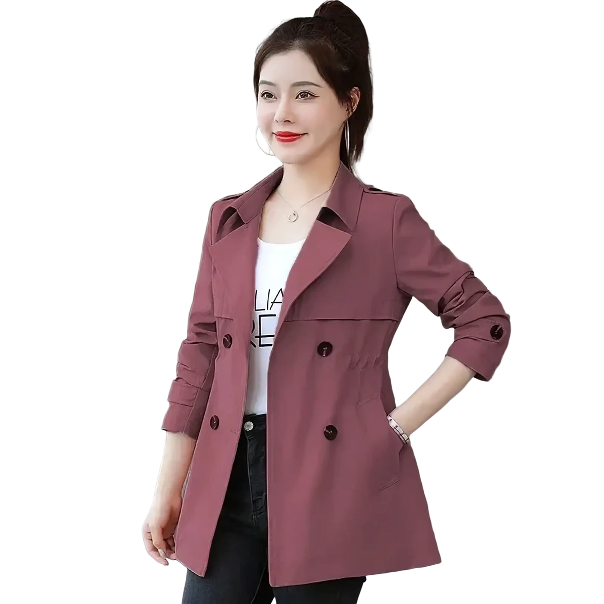 A stylish mauve slim double breasted trench coat with rolled up sleeves for women