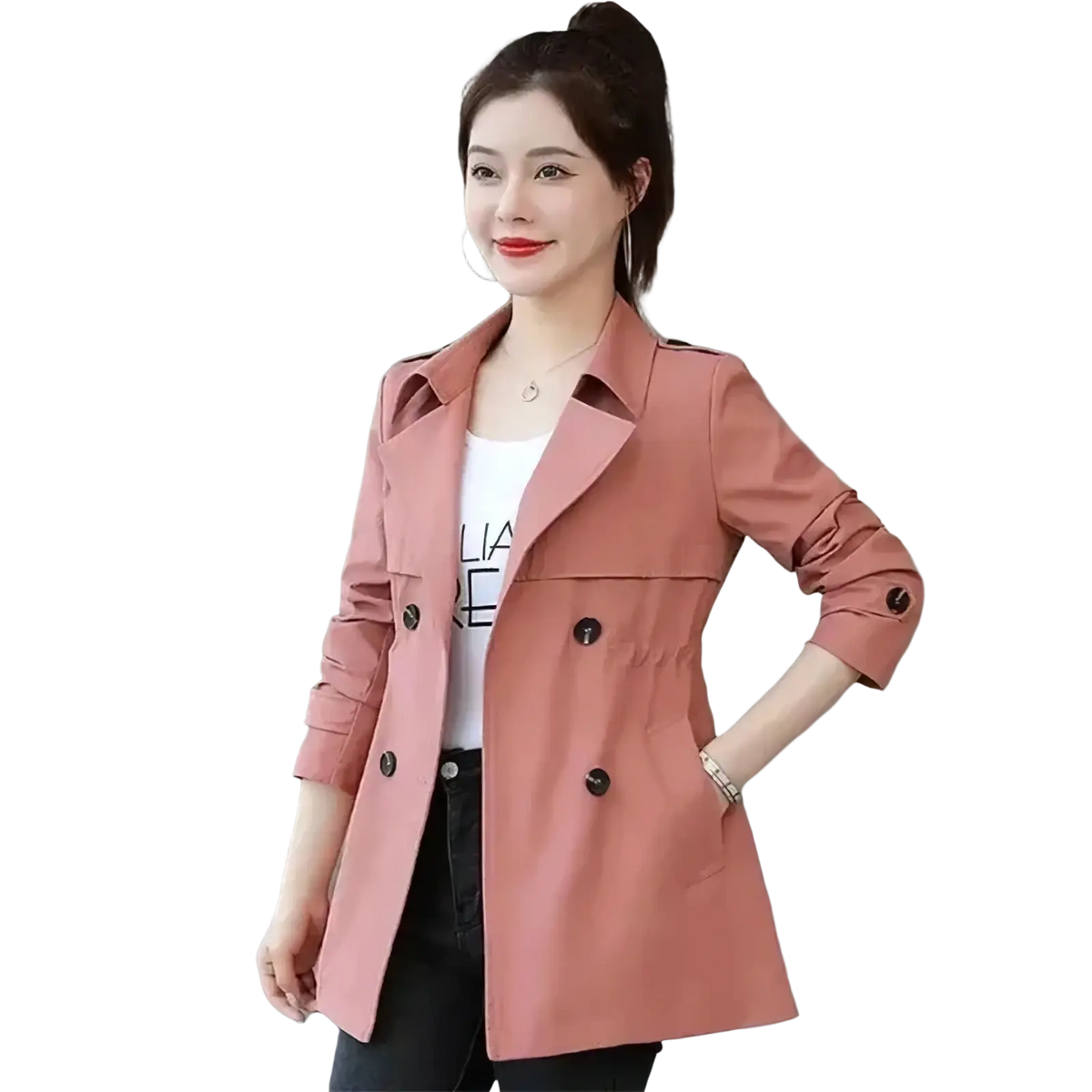 A stylish pink women slim double breasted trench coat with black buttons and rolled-up sleeves