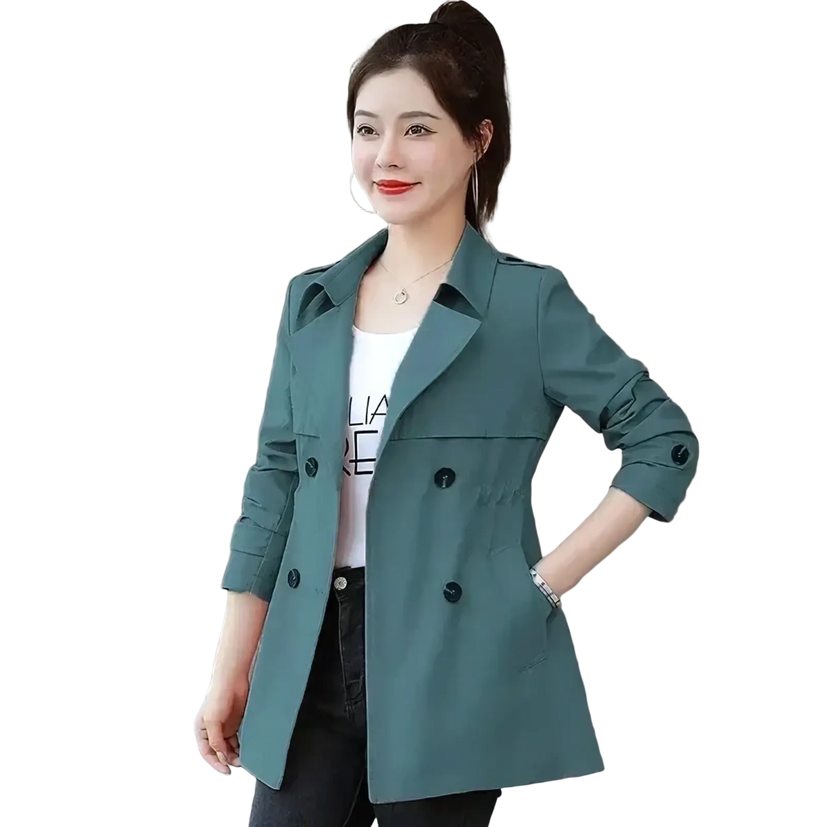 Women slim double breasted teal trench coat with black buttons and rolled up sleeves in lightweight fabric