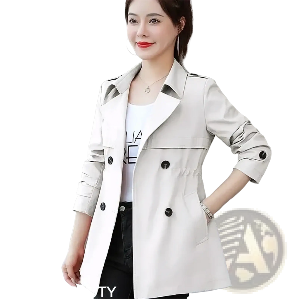 Women slim double breasted trench coat in beige with black buttons and contrasted collar details for formal wear