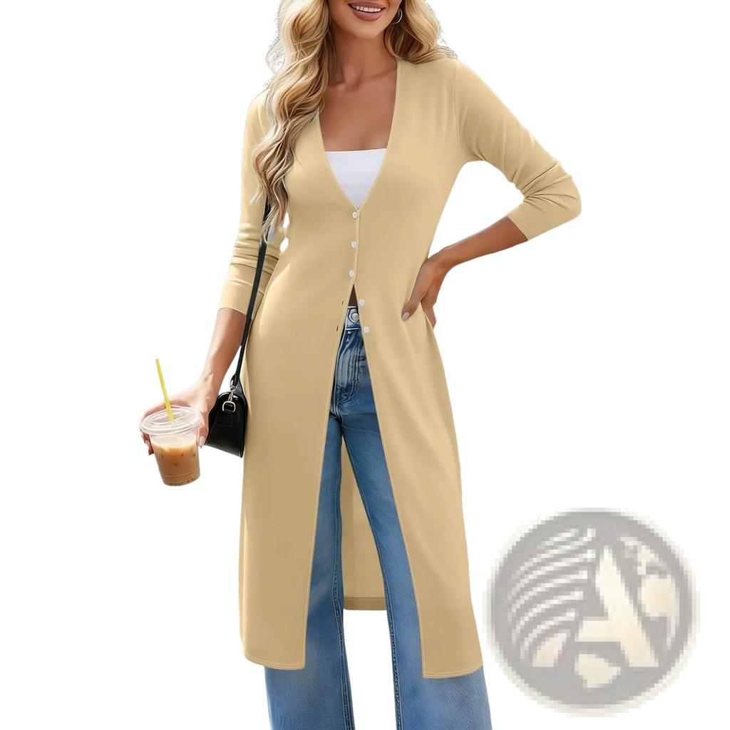 A soft beige women slim fit cardigan with long sleeves and button front design made from comfortable material