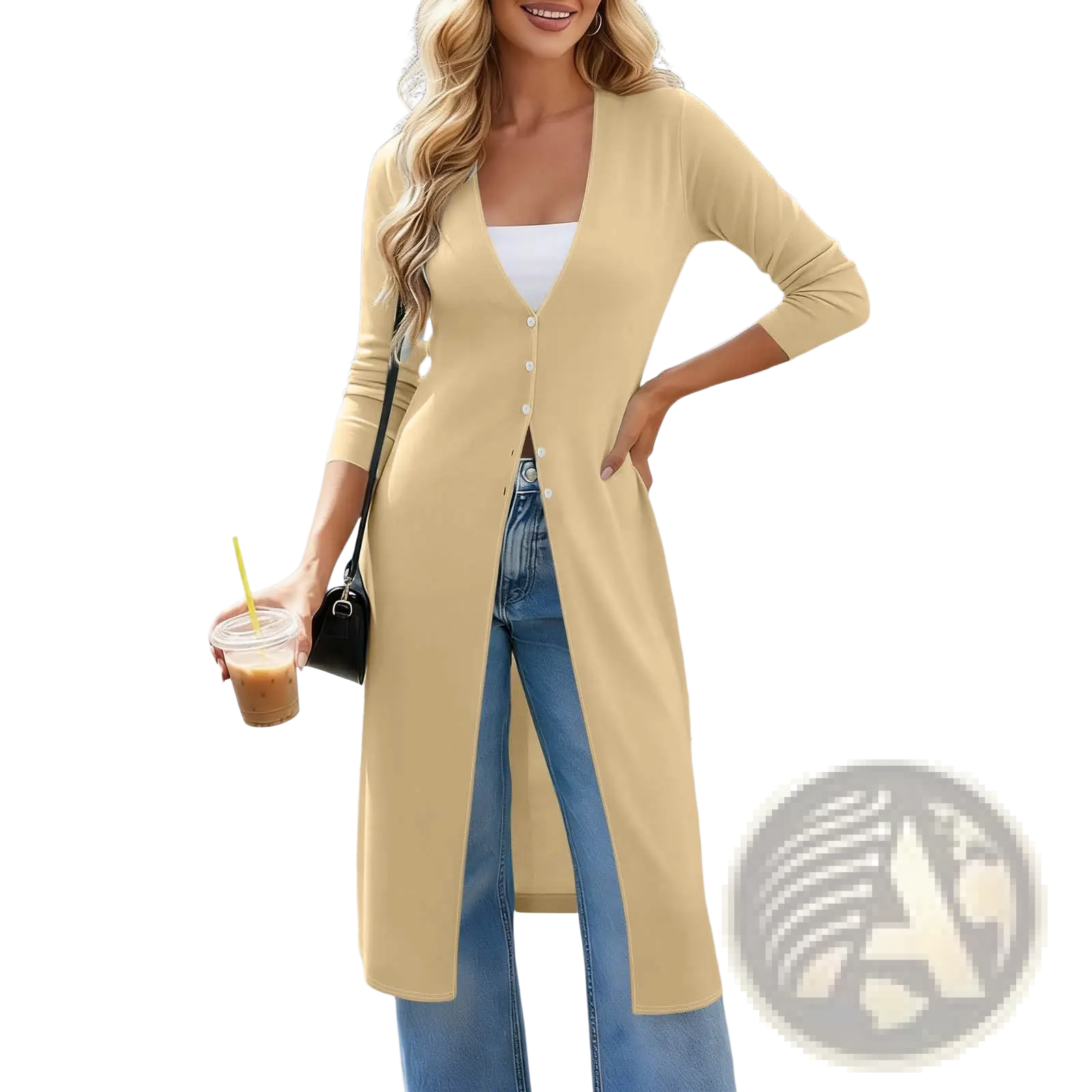 A soft beige women slim fit cardigan with long sleeves and button front design made from comfortable material