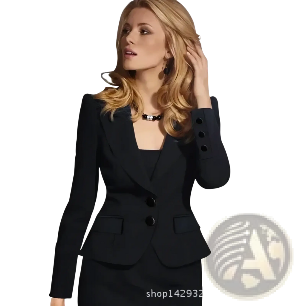 Black slim fit casual blazer with notched collar, three-button closure, and flared sleeves for women