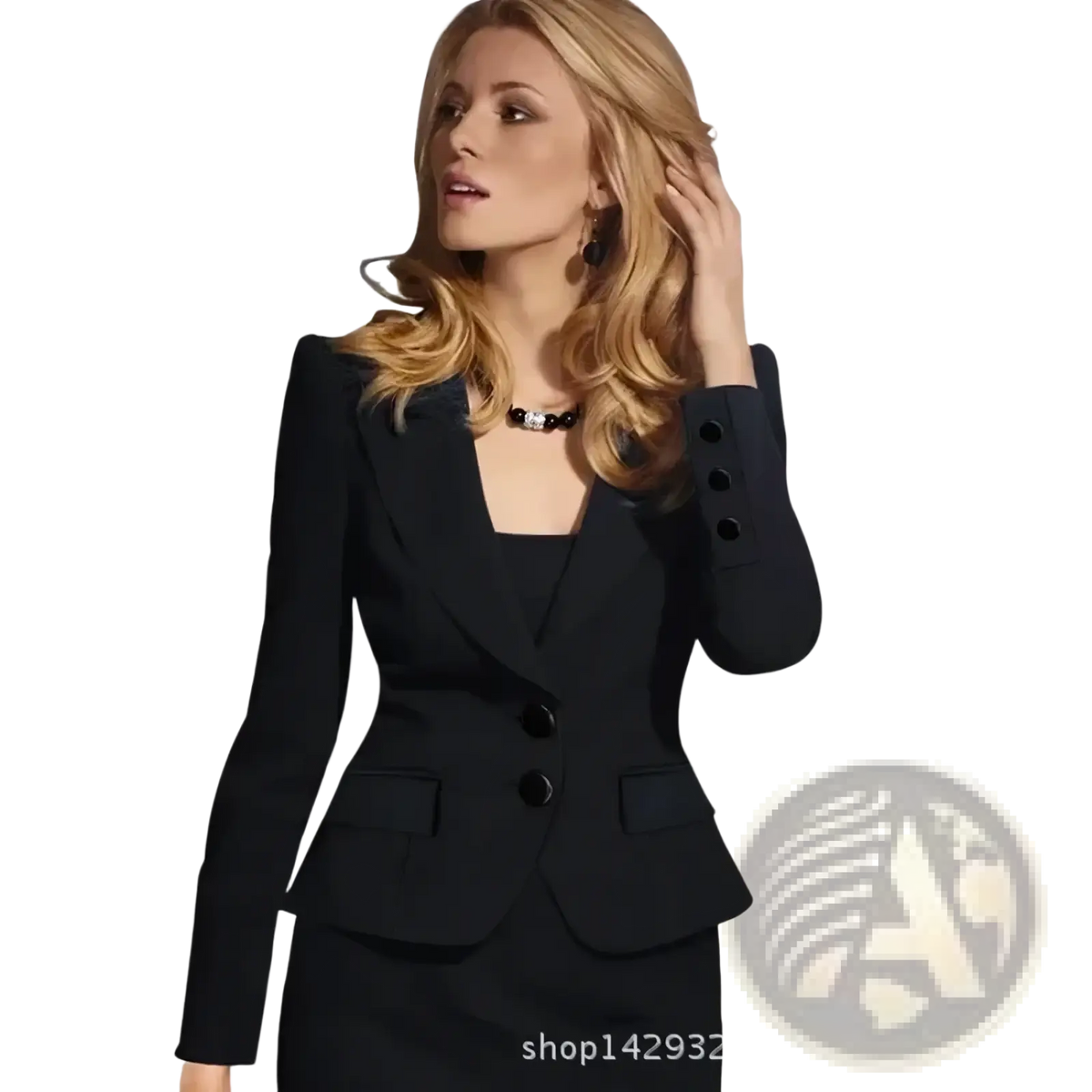Black slim fit casual blazer with notched collar, three-button closure, and flared sleeves for women