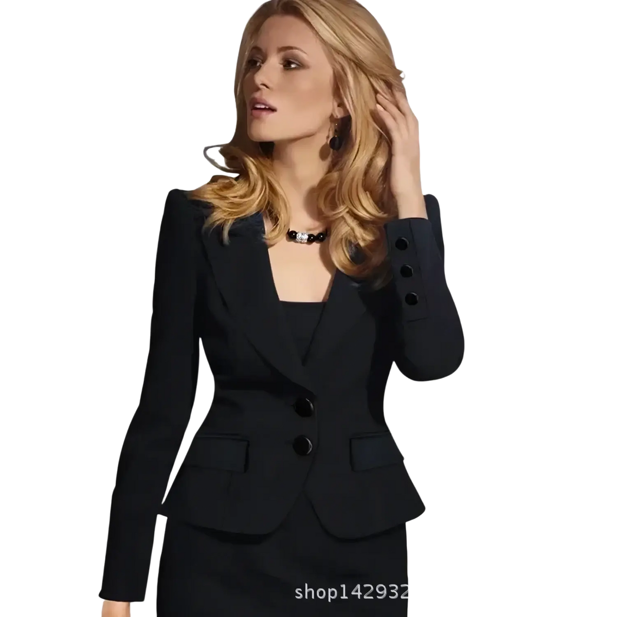 Black slim fit casual blazer with notched collar, three-button closure, and flared sleeves for women