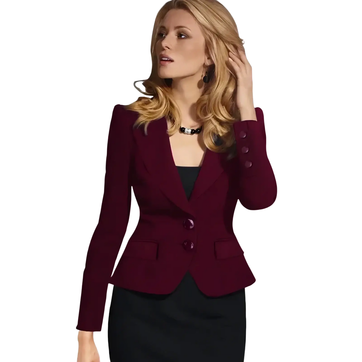 A stylish maroon women slim fit casual blazer with a tailored fit, three-button closure, and flared hem