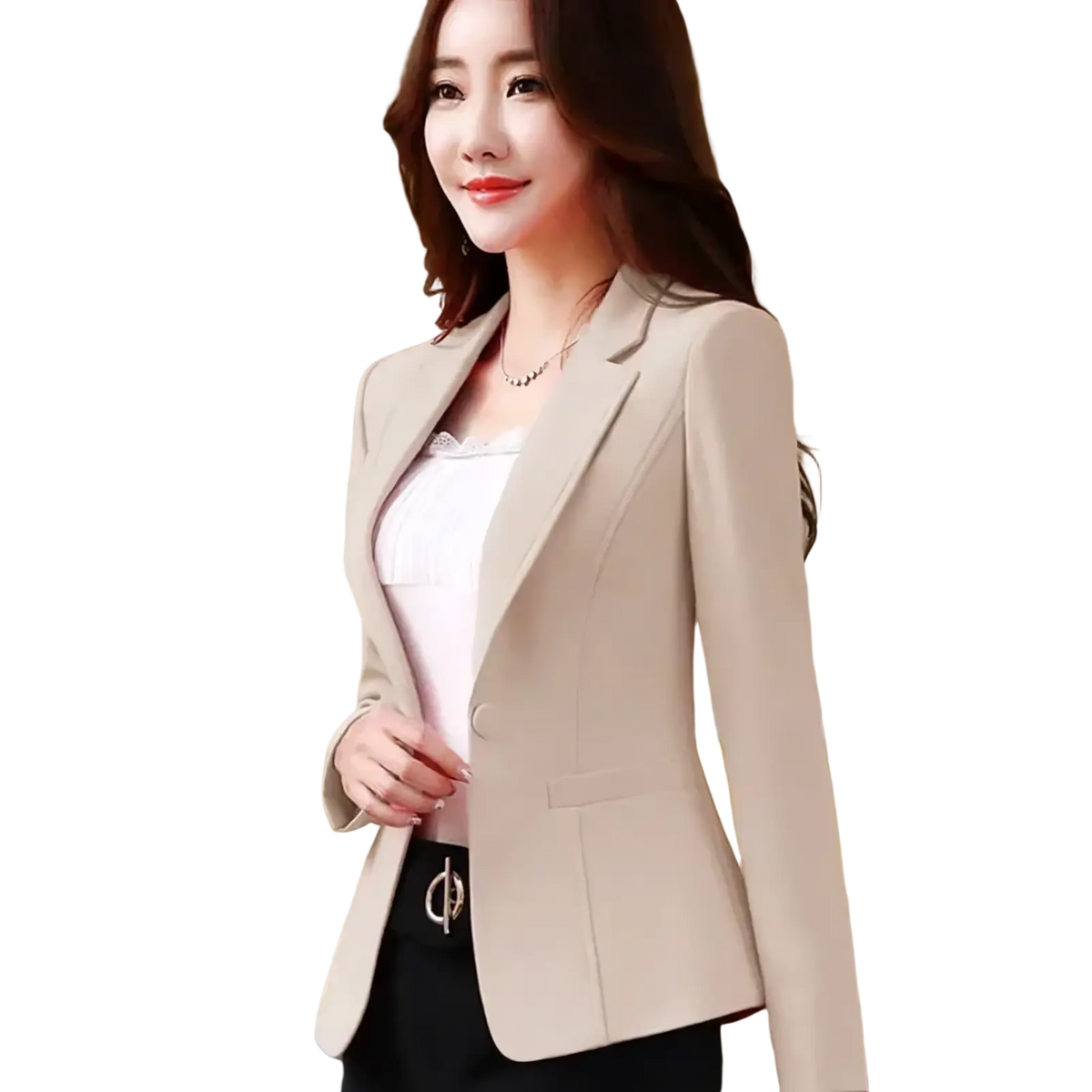 Beige women slim fit casual office blazer jacket with a single button and structured shoulders for professional wear