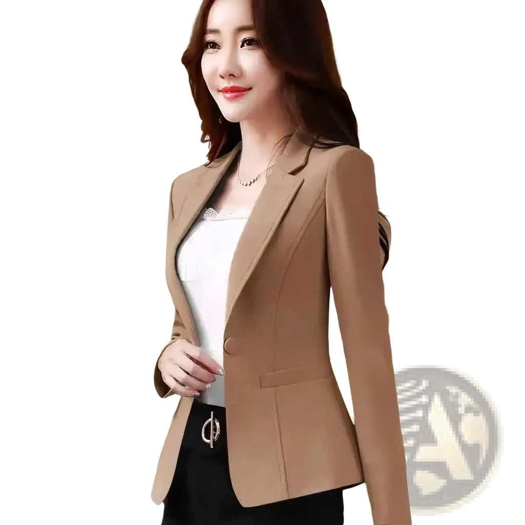 Beige women’s slim fit casual office blazer jacket with a single button and structured shoulders