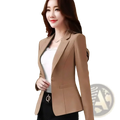 Beige women’s slim fit casual office blazer jacket with a single button and structured shoulders