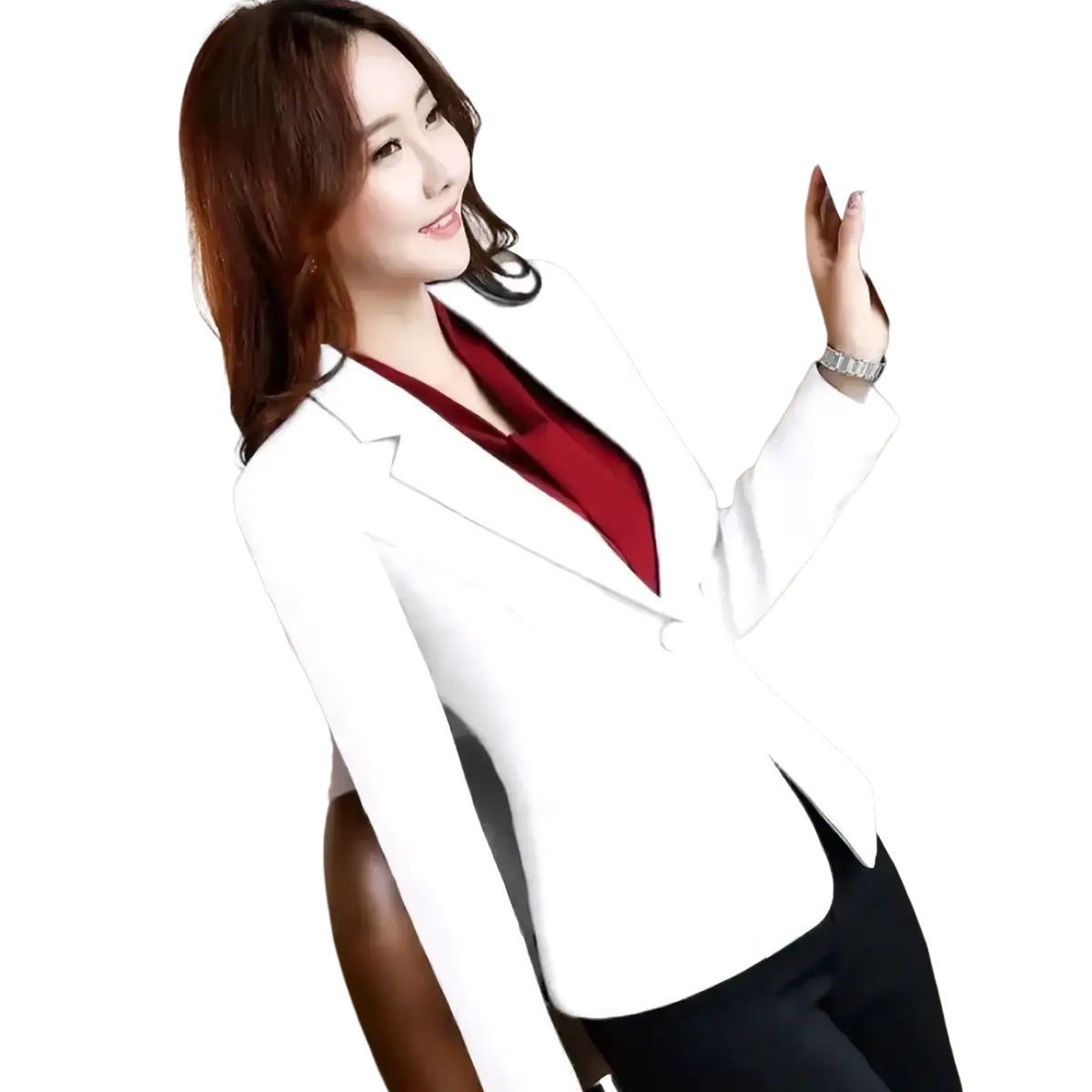 Women slim fit casual office white blazer jacket with single button closure and notched lapels worn over red blouse