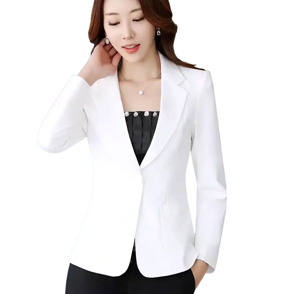 White slim fit casual office blazer jacket with sleek design and subtle sheen for women