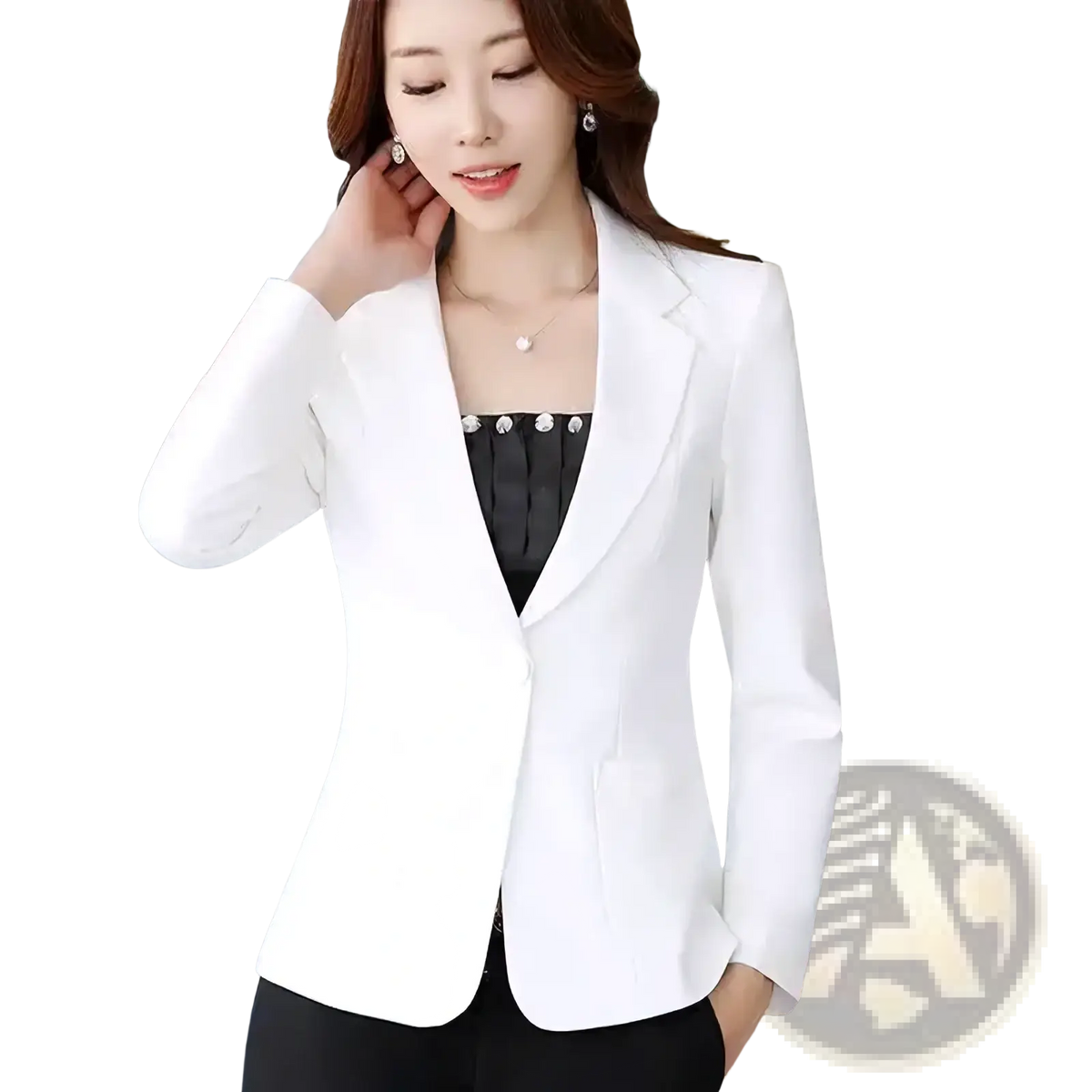White slim fit casual office blazer jacket with sleek design and subtle sheen for women