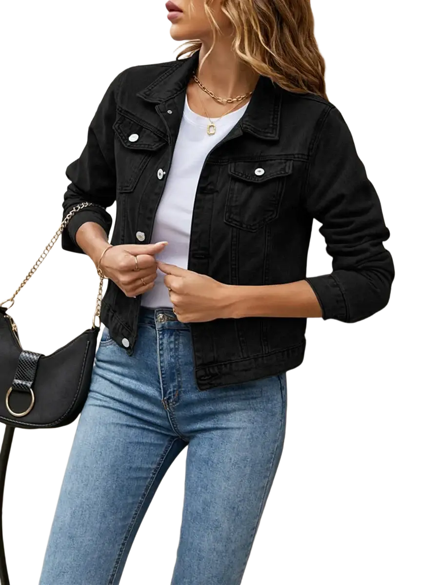 Women slim fit black denim jacket with silver buttons and classic flap pockets casual button down jean coat