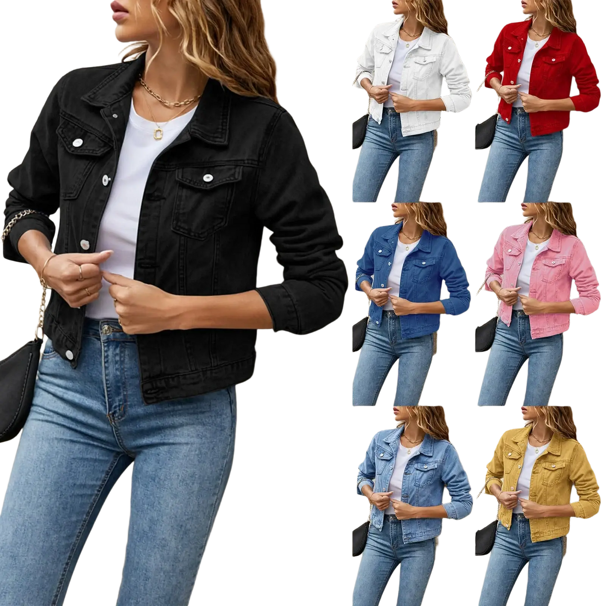 Black slim fit denim jacket for women with classic button closure and front pockets casual jean coat style