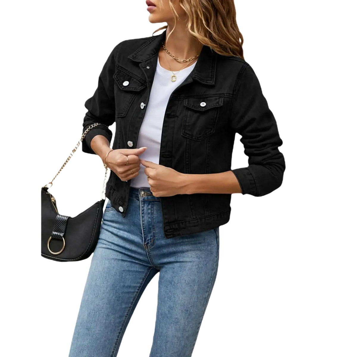 Women slim fit black denim jacket with silver buttons and classic flap pockets casual button down jean coat