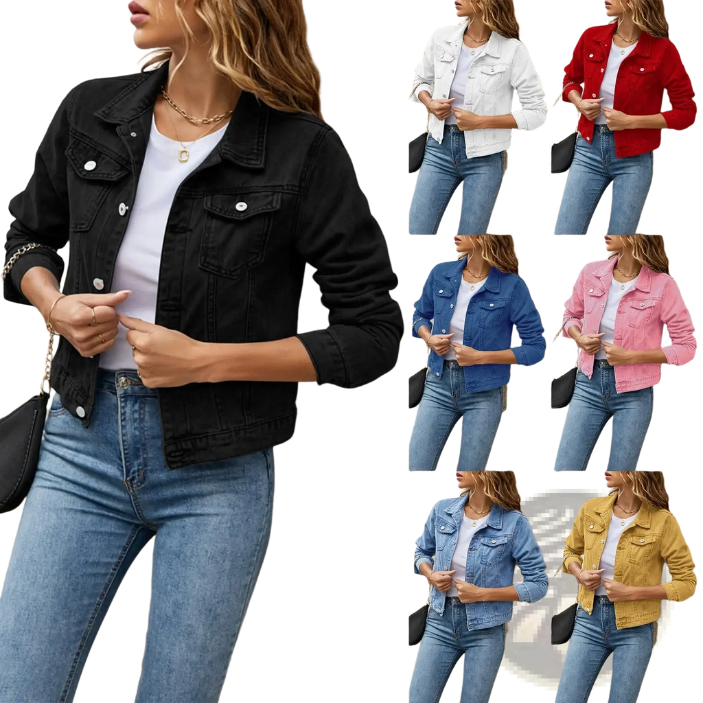 Black slim fit denim jacket for women with classic button closure and front pockets casual jean coat style