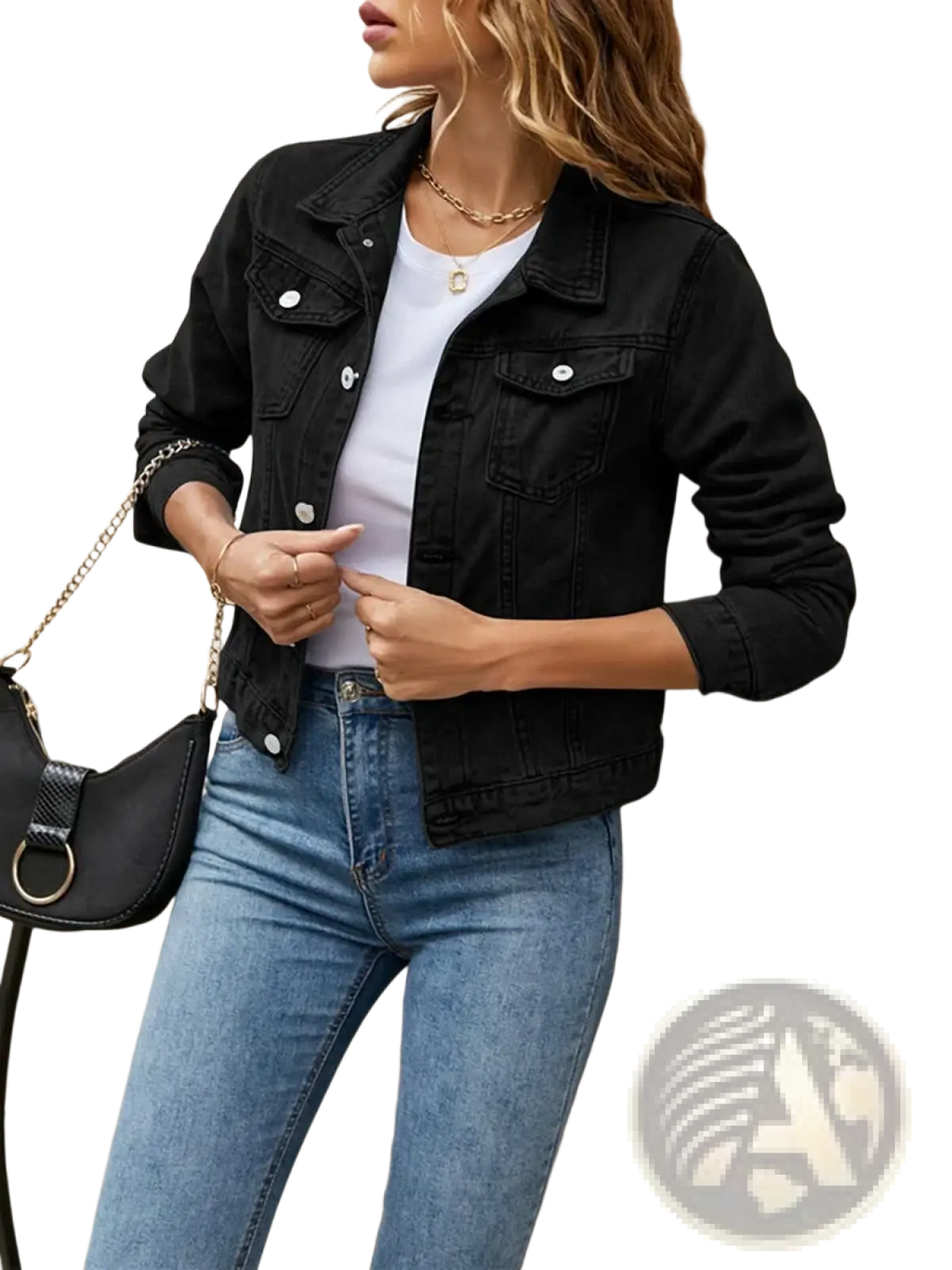 Women slim fit black denim jacket with silver buttons and classic flap pockets casual button down jean coat