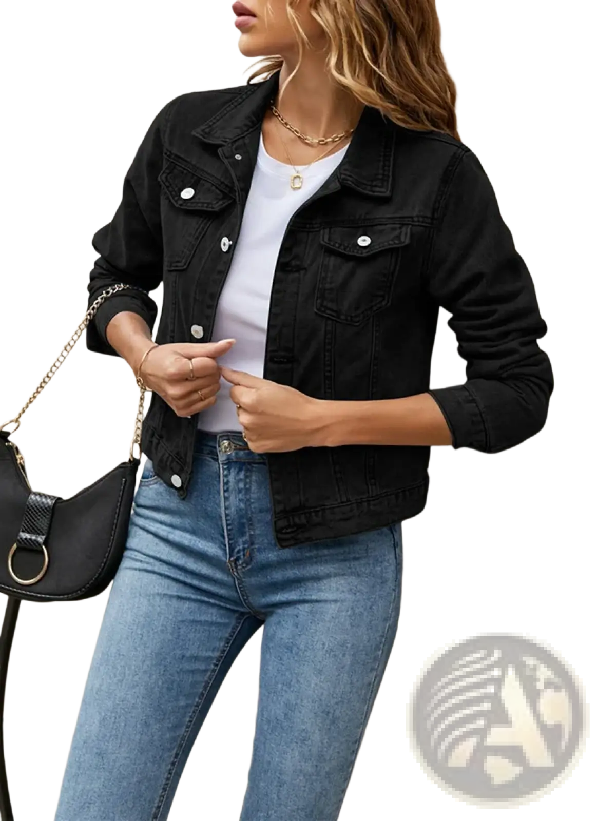 Women slim fit black denim jacket with silver buttons and classic flap pockets casual button down jean coat