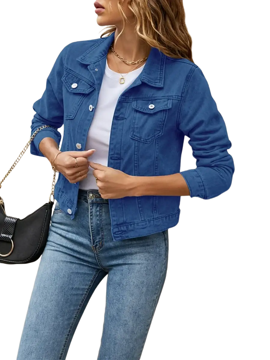 Blue slim fit denim jacket with silver buttons and classic collar casual button down jean coat for women