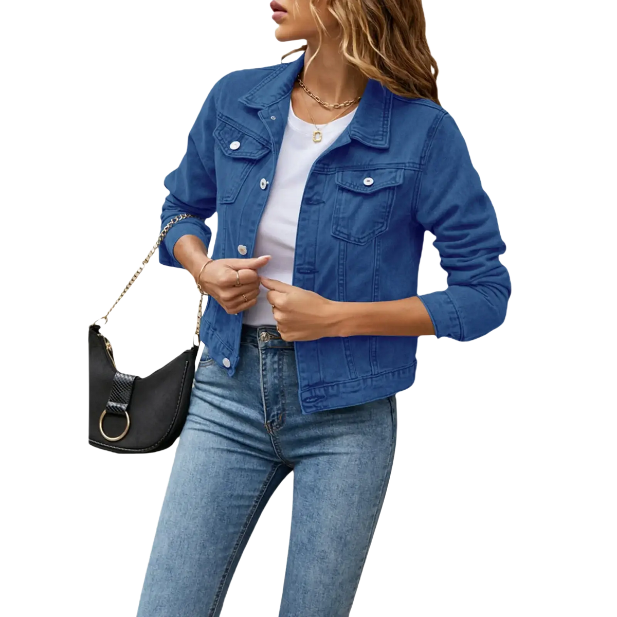 Women slim fit blue denim jacket with button closures and flap pockets casual button down jean coat